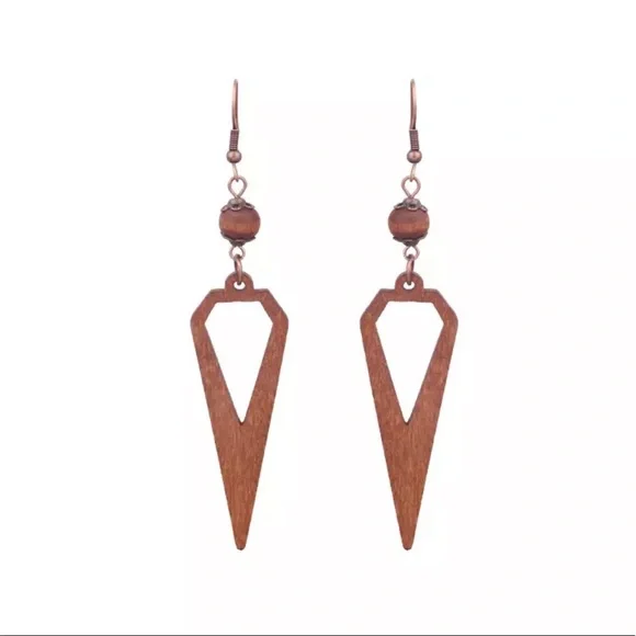 New Handmade Wooden Coffee Brown Geo Decor Woman’s Drop Earrings - Picture 2 of 6